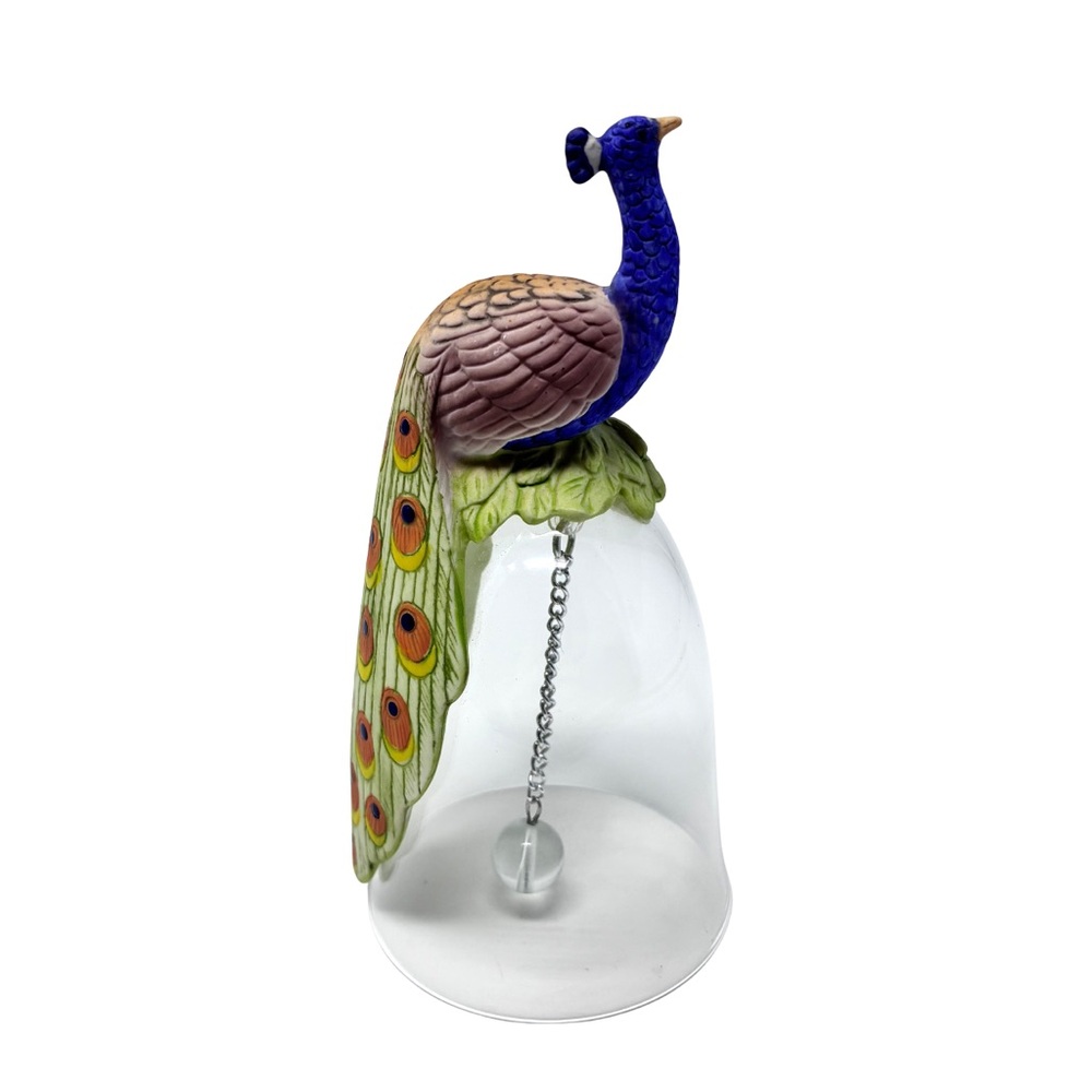 Peacock Figurine Handle Clear Crystal Bell Birdwatcher Gift Nature Enthusiast